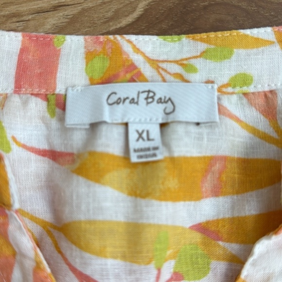 CORAL BAY Womens Leaf Print Convertible Sleeve Linen Blend Button Up Shirt Sz XL - Picture 2 of 8